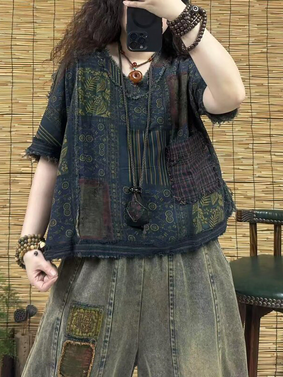 女士夏季復古花卉拼接V領T卹