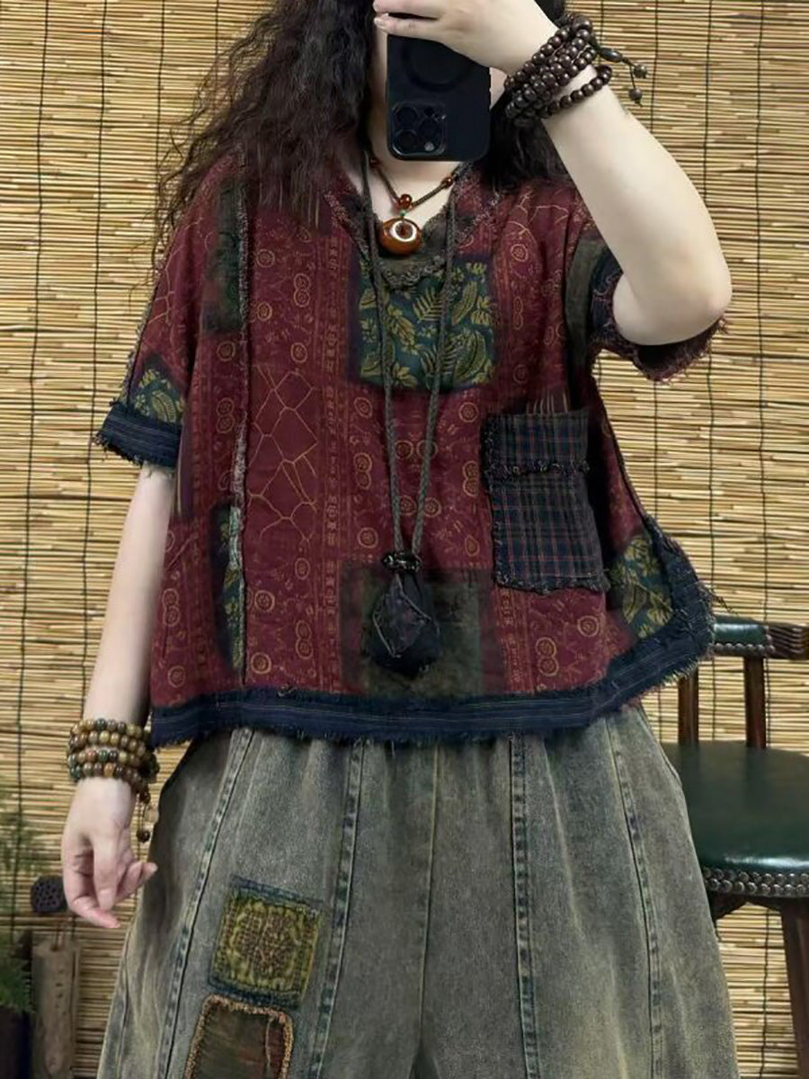 女士夏季復古花卉拼接V領T卹
