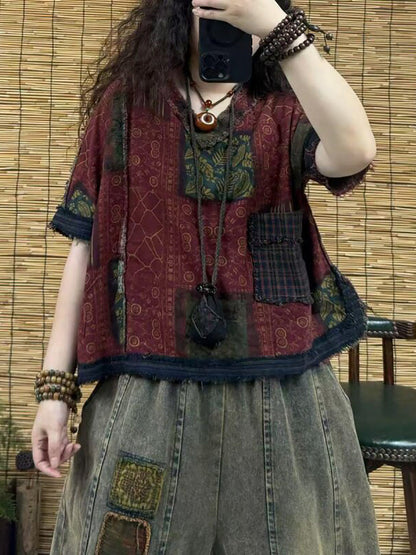 女士夏季復古花卉拼接V領T卹