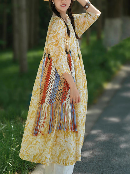 女士夏季藝術風花朵圓領100%苧麻連身裙