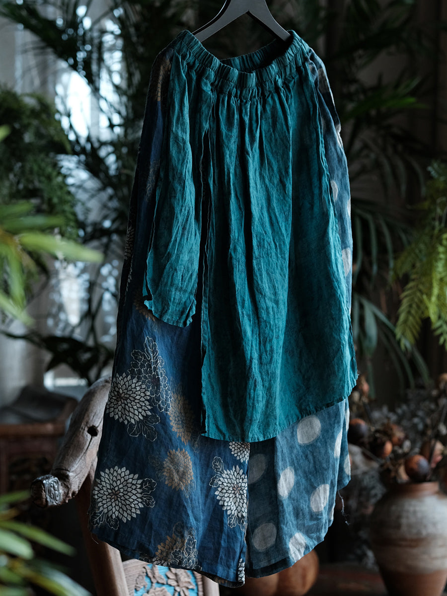女士夏季復古圓點拼接闊腿苧麻褲