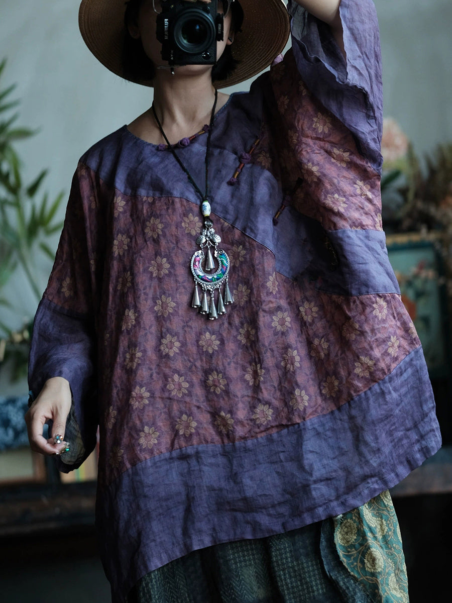女士夏季復古花朵拼接圓領苧麻襯衫