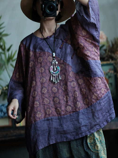 女士夏季復古花朵拼接圓領苧麻襯衫