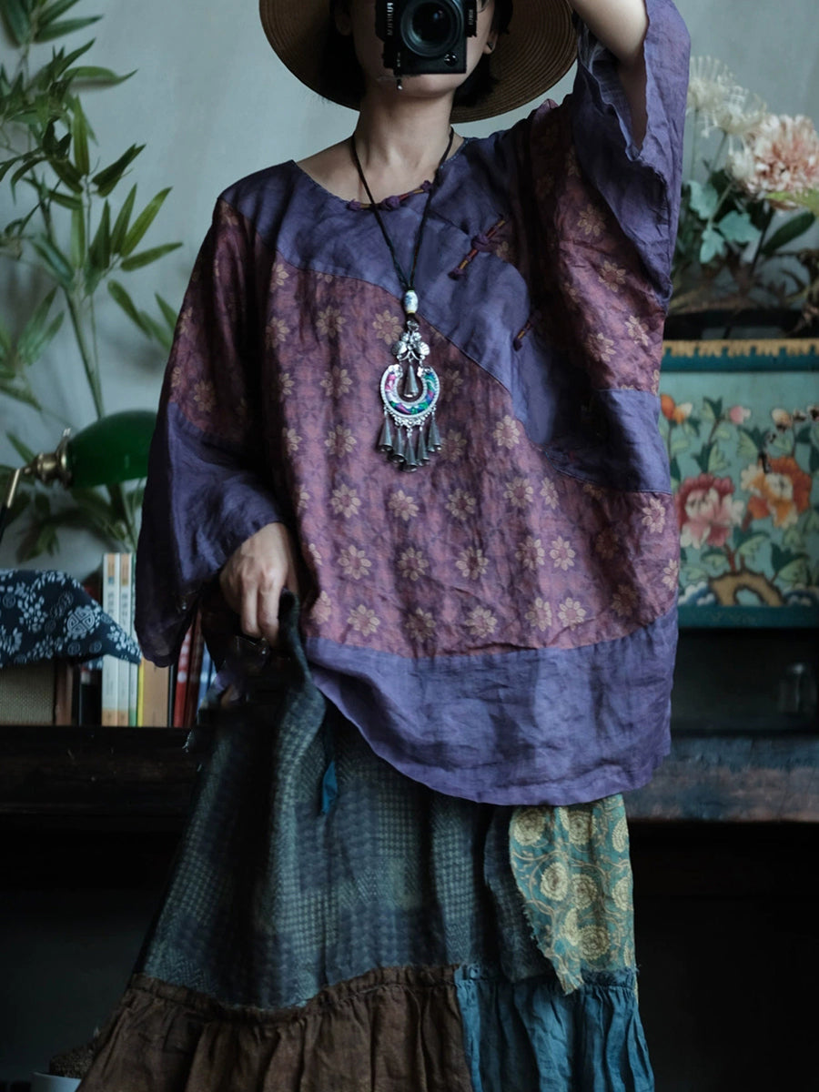 女士夏季復古花朵拼接圓領苧麻襯衫