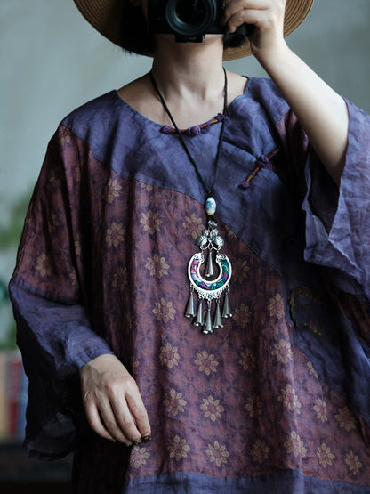 女士夏季復古花朵拼接圓領苧麻襯衫
