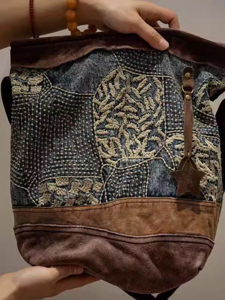 1111 民族刺繡拼接皮革包