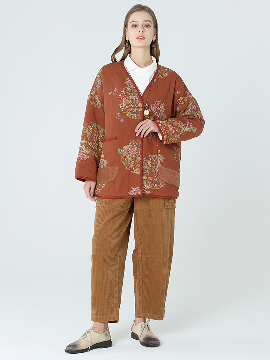 大尺碼花朵印花女春季長袖外套