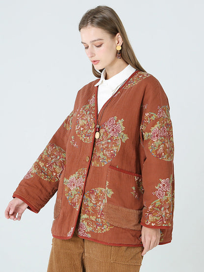 大尺碼花朵印花女春季長袖外套