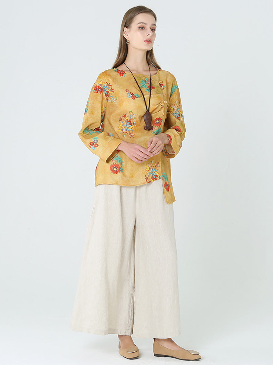 大尺碼花朵印花長袖春季女式亞麻 T 卹 M-2XL