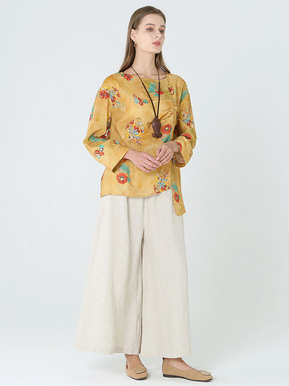 大尺碼花朵印花長袖春季女式亞麻 T 卹 M-2XL