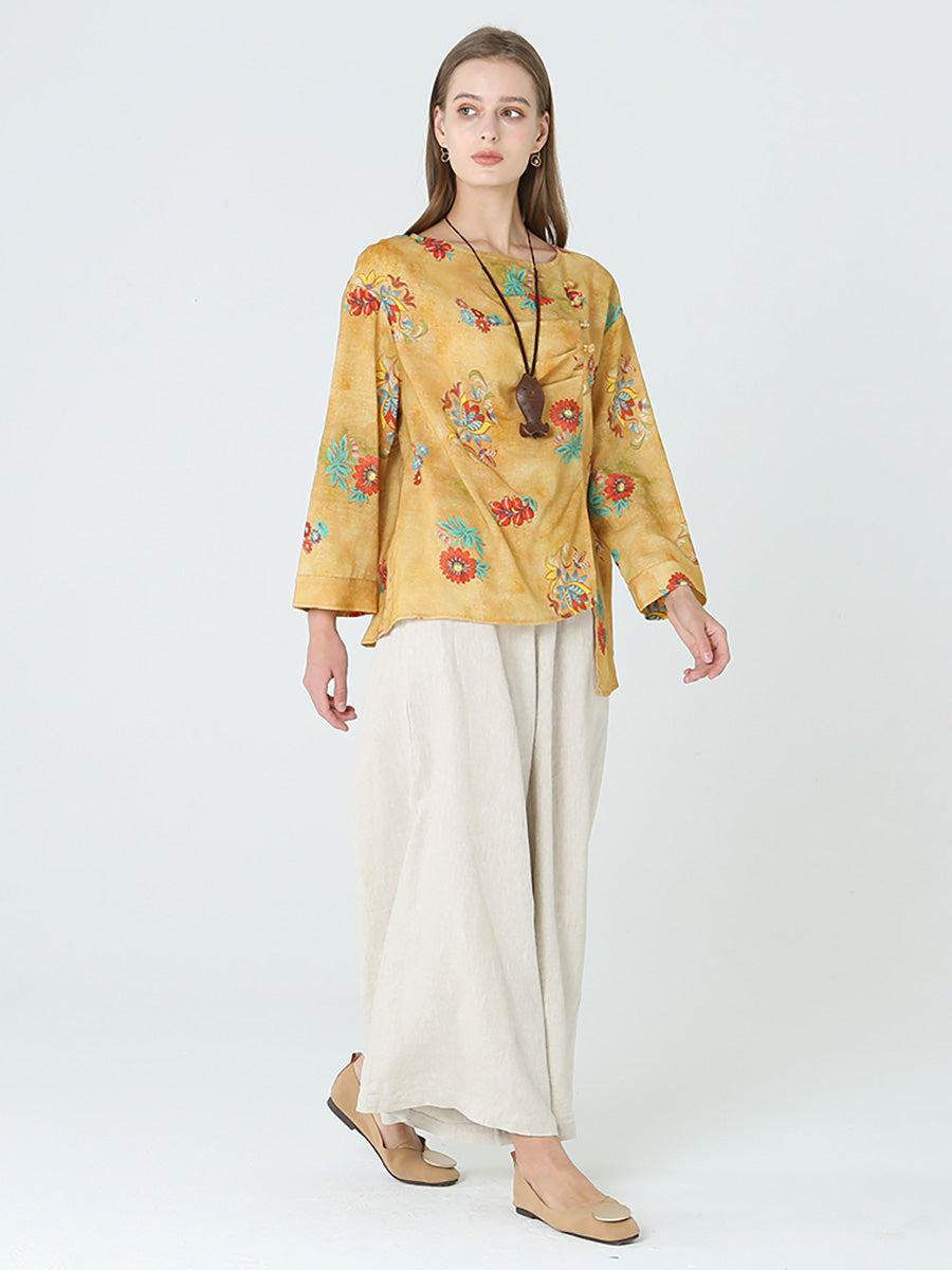 大尺碼花朵印花長袖春季女式亞麻 T 卹 M-2XL