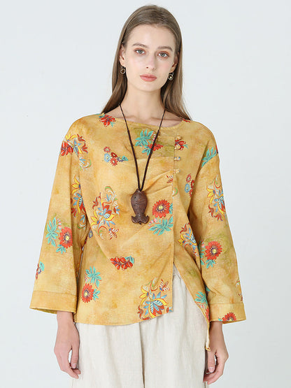 大尺碼花朵印花長袖春季女式亞麻 T 卹 M-2XL