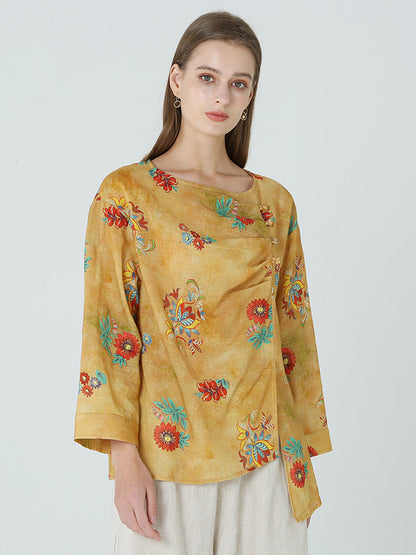 大尺碼花朵印花長袖春季女式亞麻 T 卹 M-2XL
