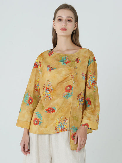 大尺碼花朵印花長袖春季女式亞麻 T 卹 M-2XL