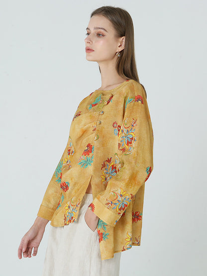大尺碼花朵印花長袖春季女式亞麻 T 卹 M-2XL