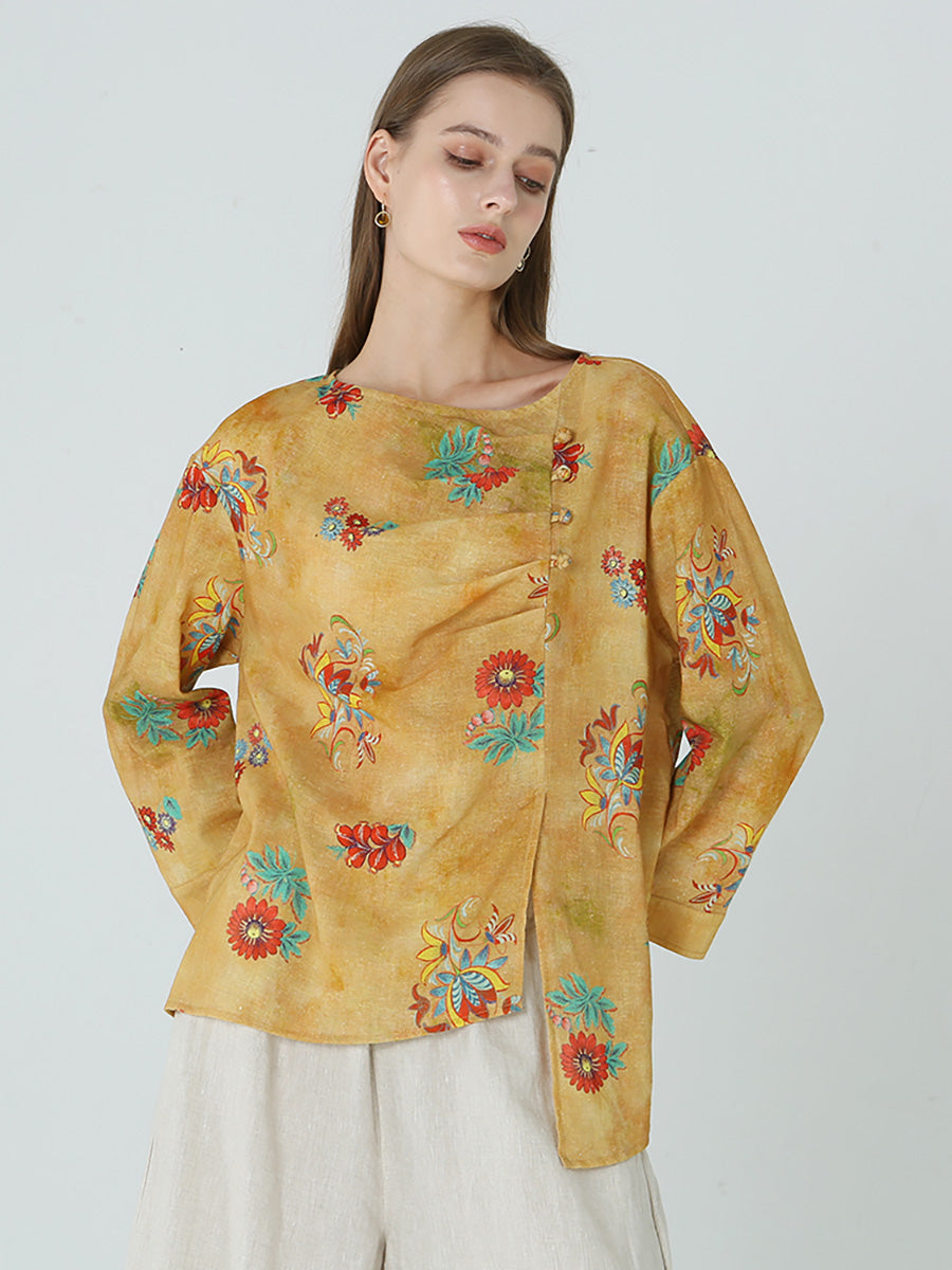 大尺碼花朵印花長袖春季女式亞麻 T 卹 M-2XL