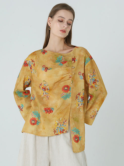 大尺碼花朵印花長袖春季女式亞麻 T 卹 M-2XL