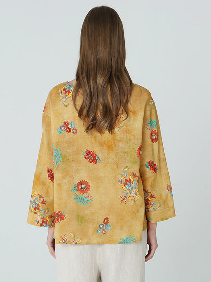 大尺碼花朵印花長袖春季女式亞麻 T 卹 M-2XL