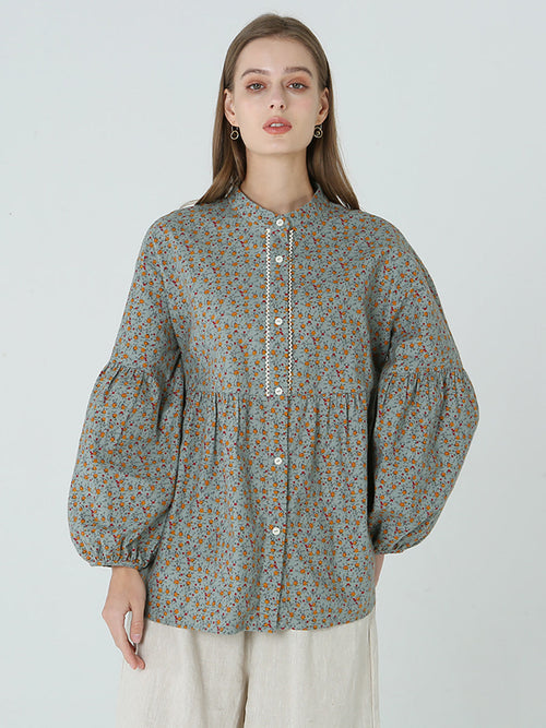 大尺碼花卉印花寬鬆長袖春季女襯衫 M-2XL