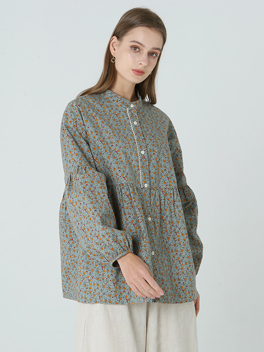 大尺碼花卉印花寬鬆長袖春季女襯衫 M-2XL