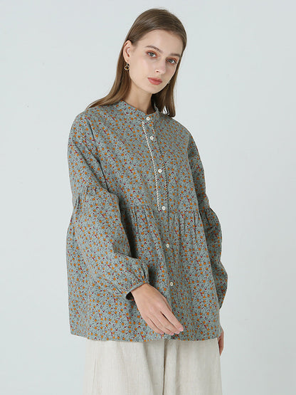 大尺碼花卉印花寬鬆長袖春季女襯衫 M-2XL