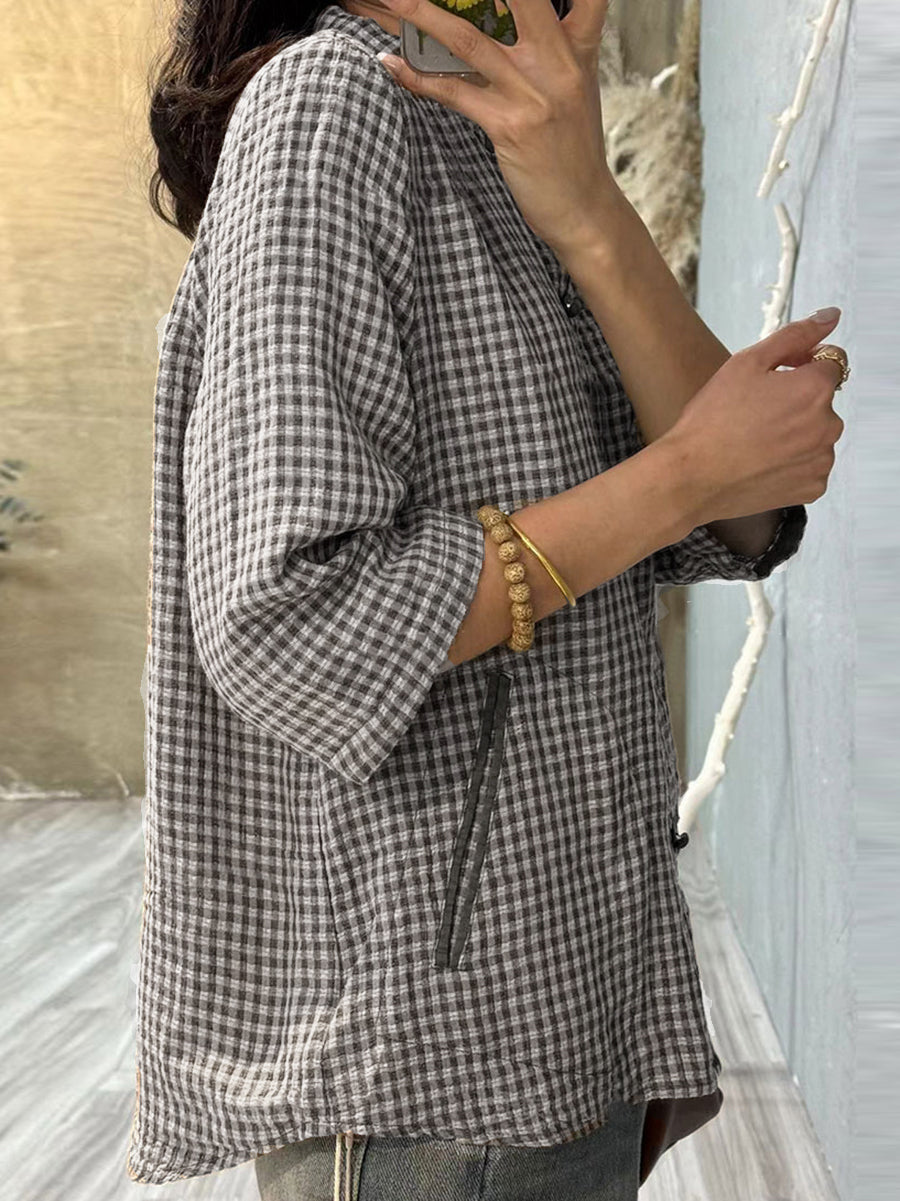 大尺碼女款復古格紋夏季棉質羈絆襯衫