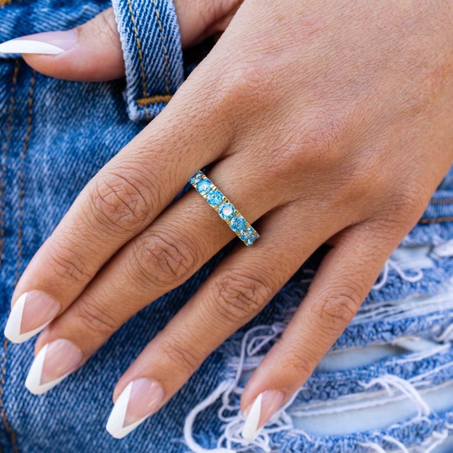 4mm Single Layer Diamond Band Ring w/ Blue Stones - Yellow Gold Vermeil