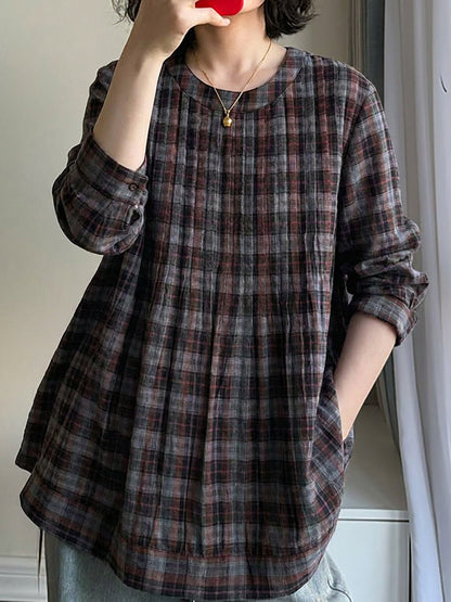 女士夏季復古短袖棉質格紋襯衫