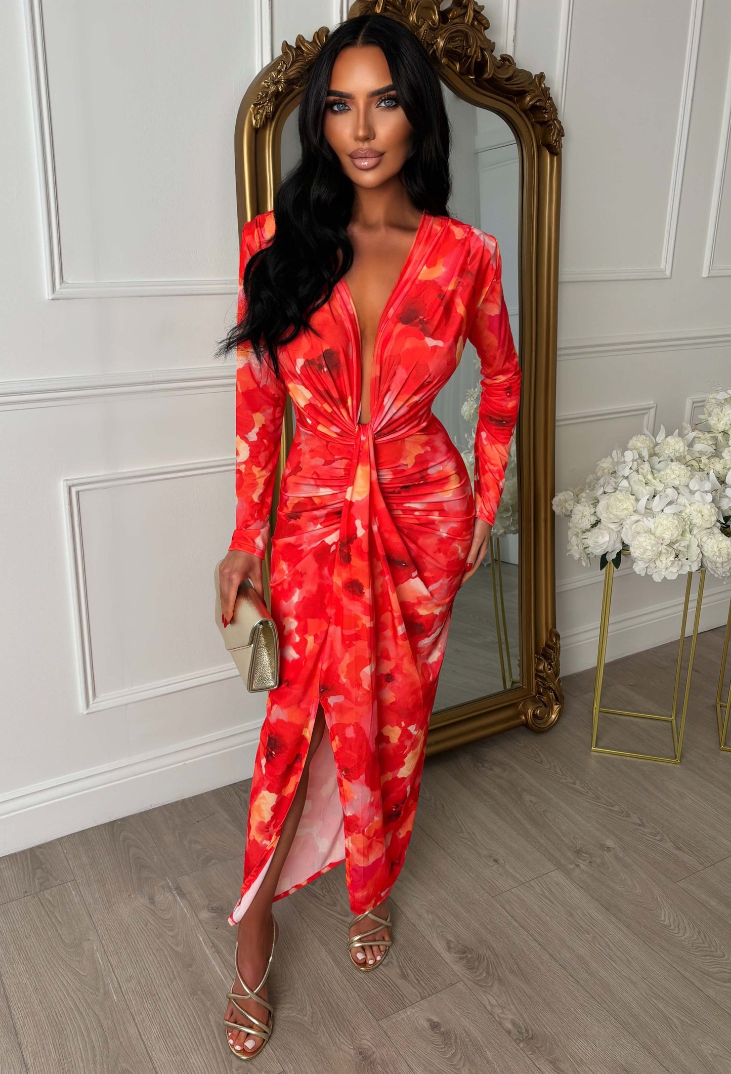 Cocktail Chic Pink Stretch Long Sleeve Plunge Ruched Midi Dress