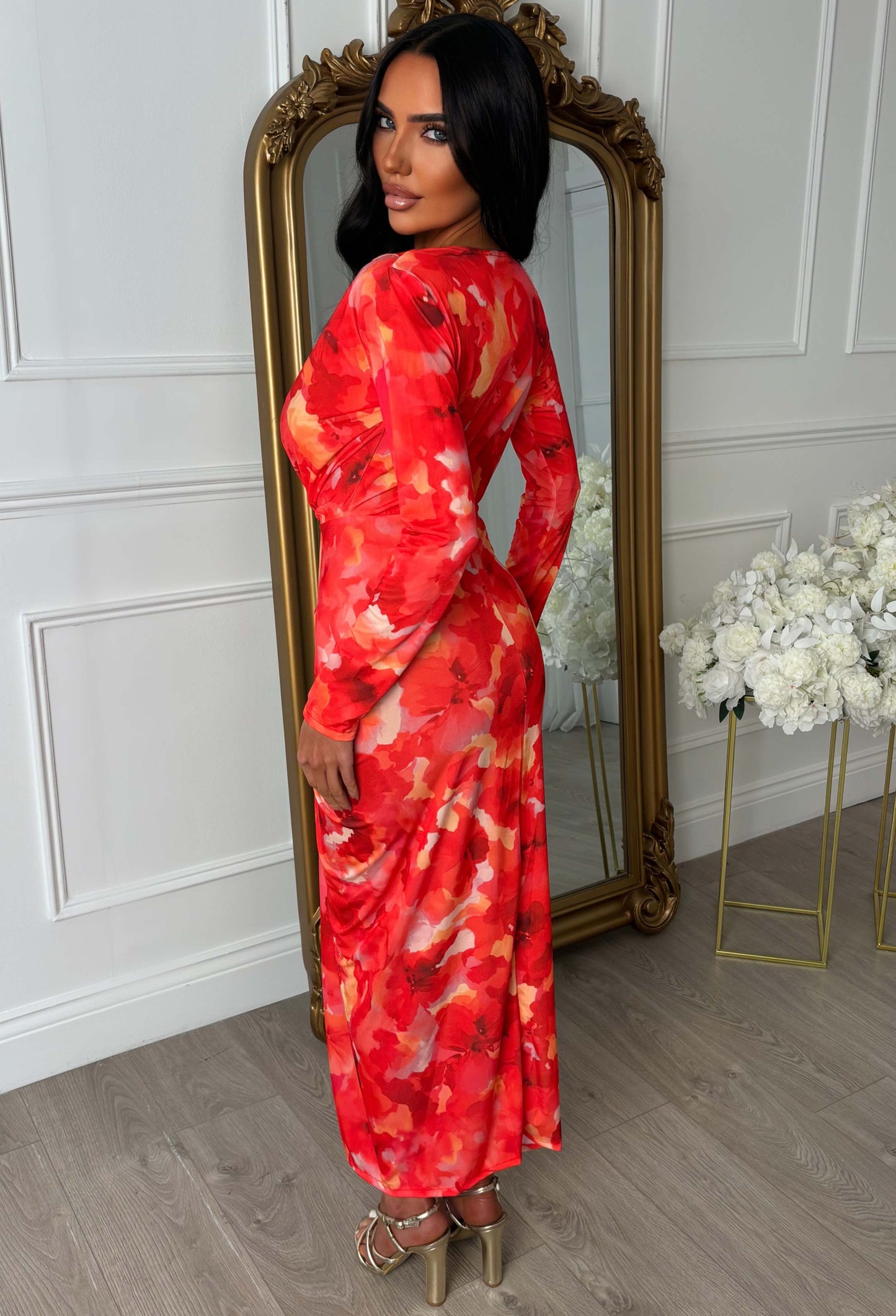 Cocktail Chic Pink Stretch Long Sleeve Plunge Ruched Midi Dress
