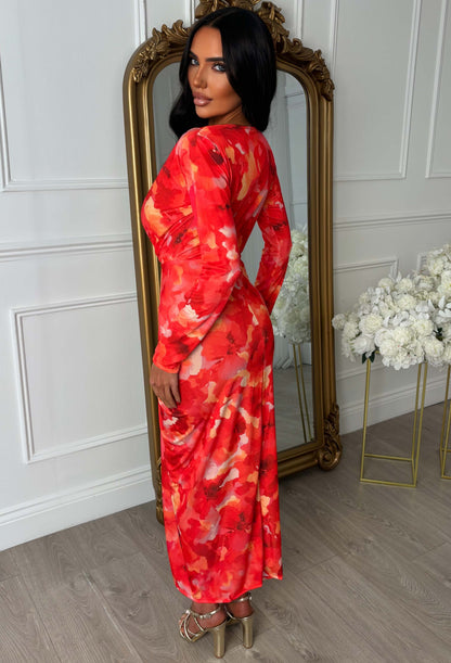 Cocktail Chic Pink Stretch Long Sleeve Plunge Ruched Midi Dress