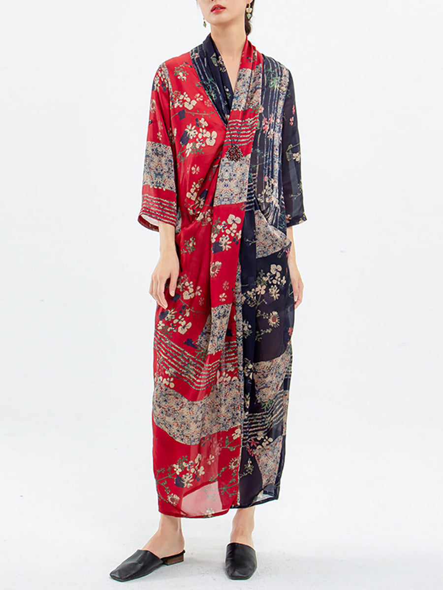 大尺寸拼接花卉印花復古天絲女洋裝