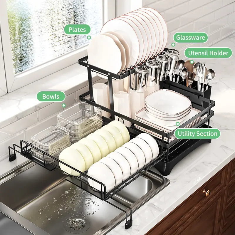 2 Tier Over Sink Dish Drying Rack | Foldable Space Saving Organizer