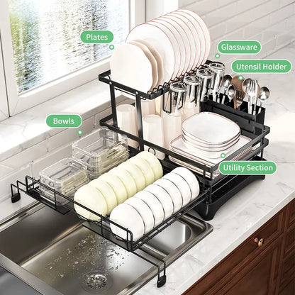 2 Tier Over Sink Dish Drying Rack | Foldable Space Saving Organizer