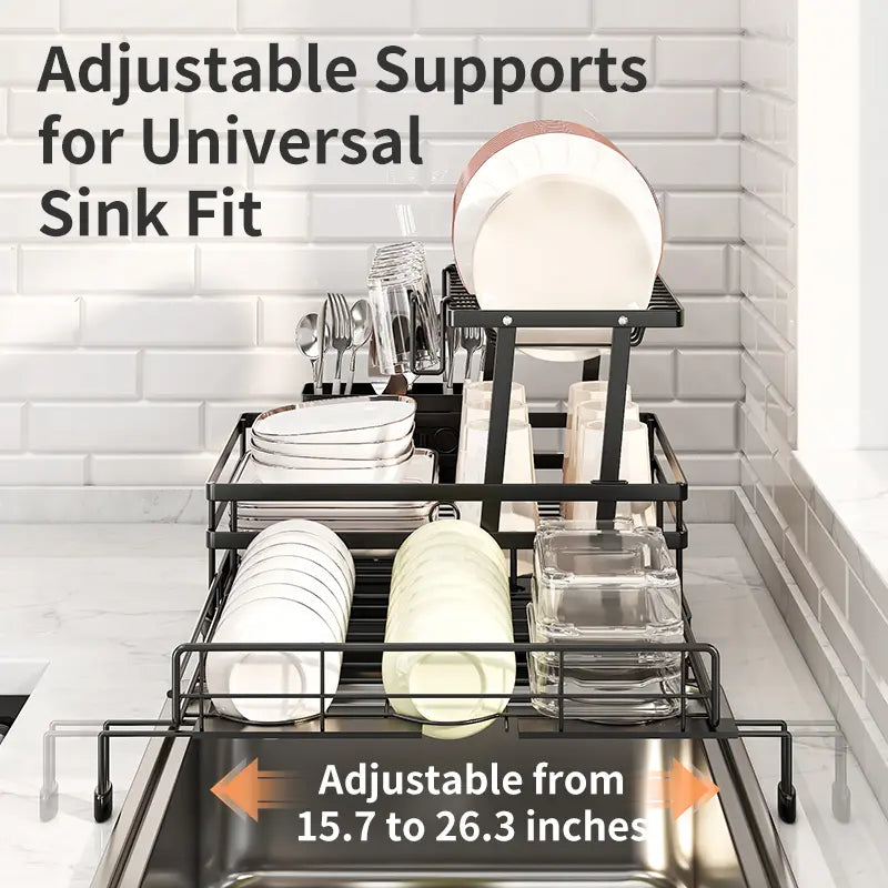2 Tier Over Sink Dish Drying Rack | Foldable Space Saving Organizer