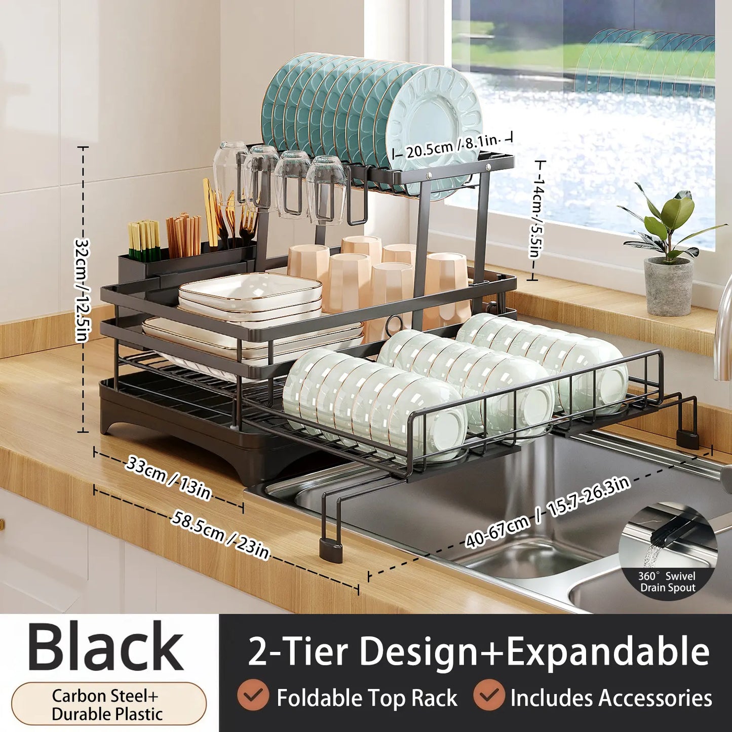 2 Tier Over Sink Dish Drying Rack | Foldable Space Saving Organizer