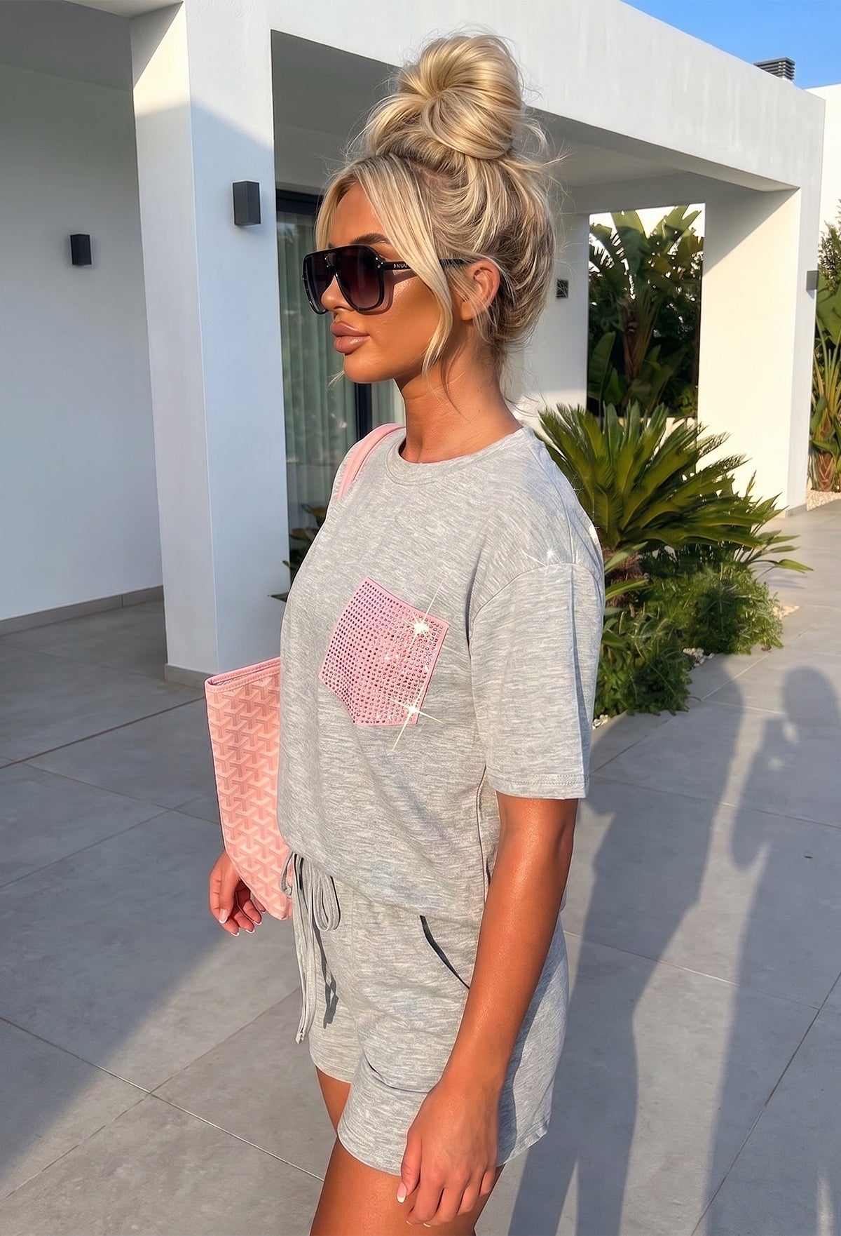 Dazzling Dreams Grey Hot Fix Pocket Shorts Lounge Co-Ord Set
