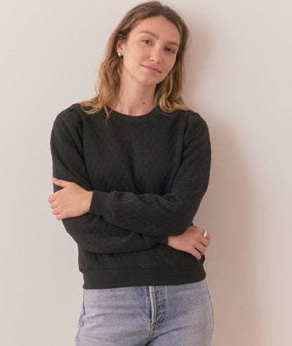 Women's Corbet Quilted Puff Sleeve Crewneck in Charcoal