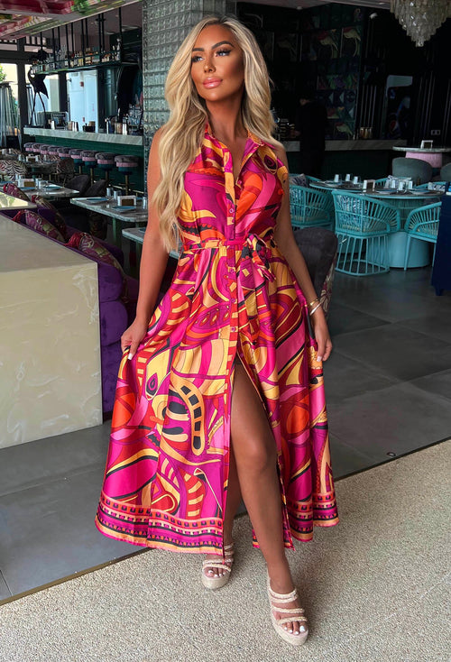 Dubai Luxury Pink Satin Printed Maxi Dress