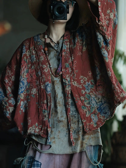 女士春季復古碎花V領棉質襯衫外套