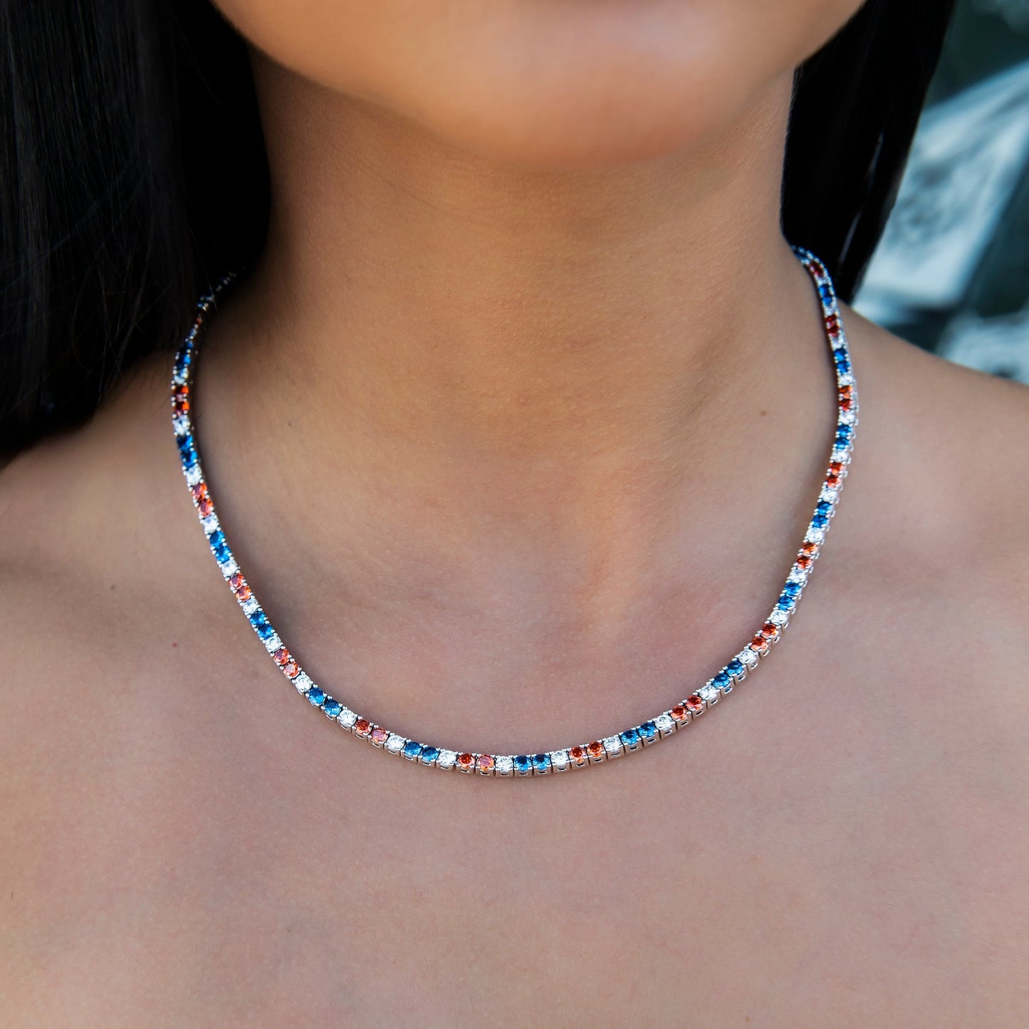 3MM Diamond Tennis Necklace - Royal Blue Orange White