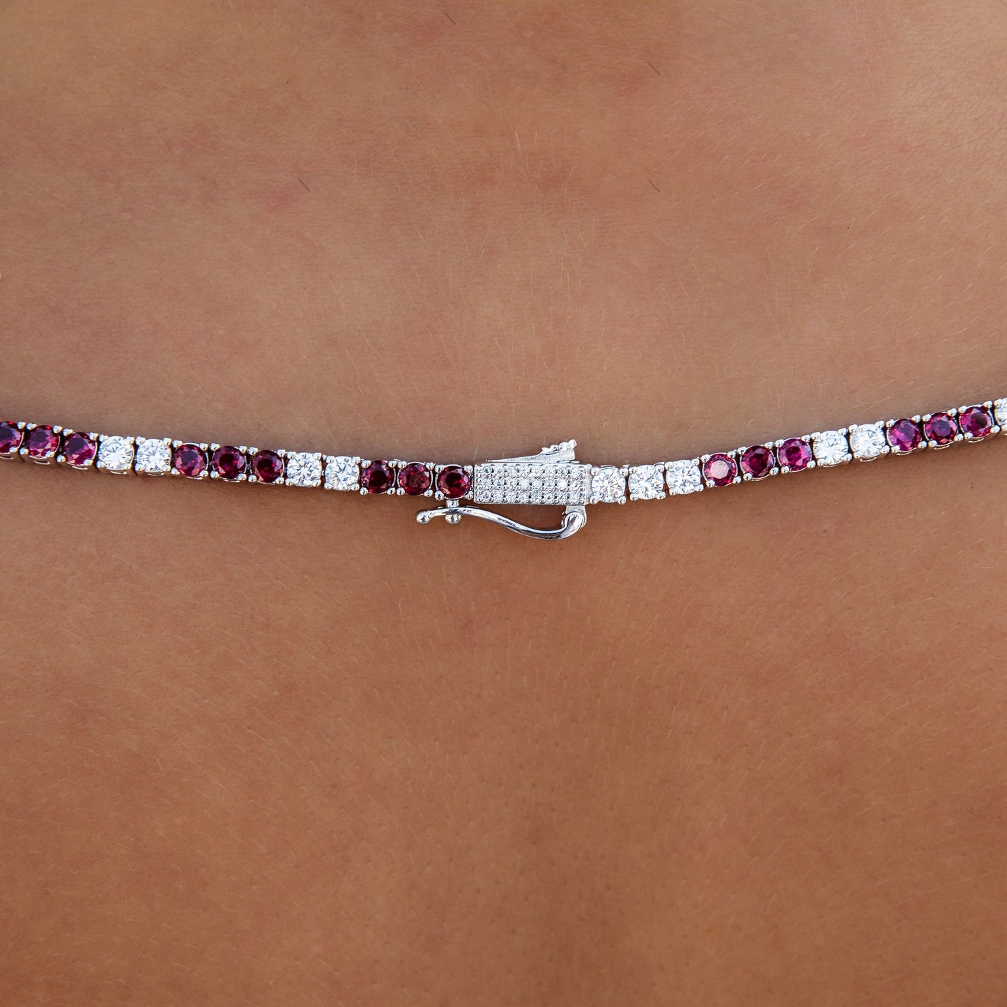 3MM Diamond Tennis Necklace - Burgundy White