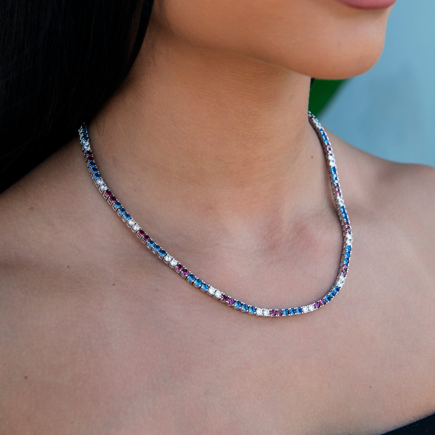 3MM Diamond Tennis Necklace - Royal Blue Red White