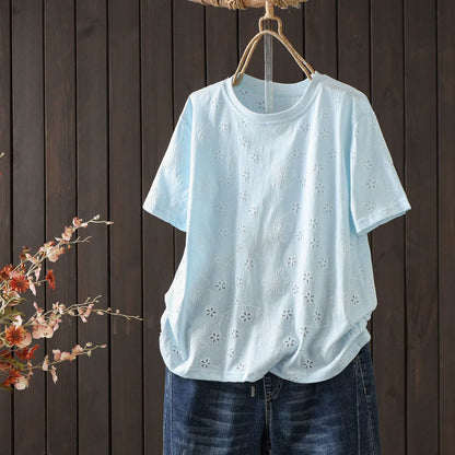 女士夏季刺繡藝術短袖棉質T卹