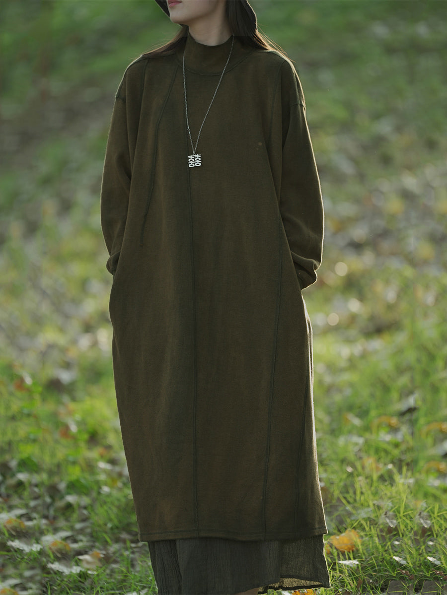 女士秋季休閒純色立領棉質連身裙