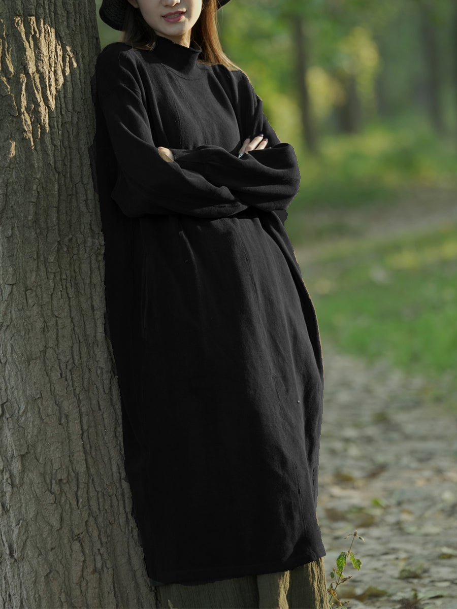 女士秋季休閒純色立領棉質連身裙