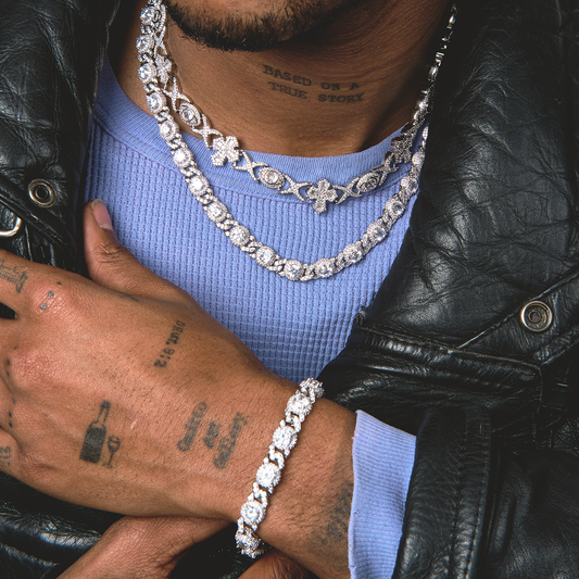 Baguette Cross Evil Eye and Diamond Station Cuban Chains + Bracelet Bundle in White Gold