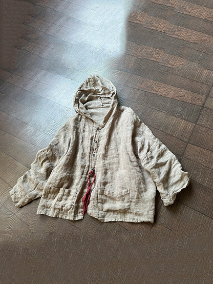 大尺碼女款夏季復古亞麻純色紐帶連帽襯衫