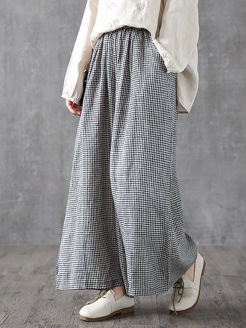 大尺碼女休閒格紋亞麻棉寬褲