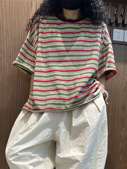 女士夏季休閒條紋圓領棉質襯衫